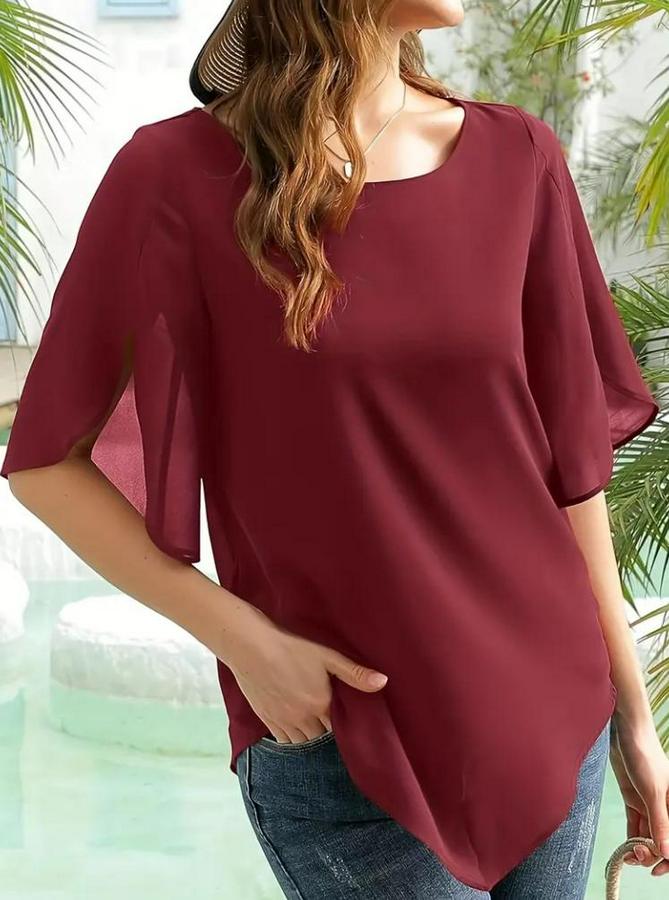 Kısa Yırtmaç Kollu Yuvarlak Yaka Şifon Bluz