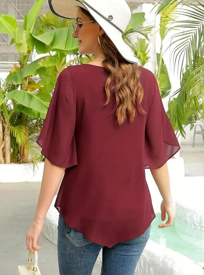 Kısa Yırtmaç Kollu Yuvarlak Yaka Şifon Bluz
