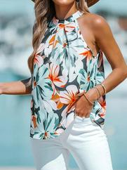 Kolsuz Halter Yaka Desenli Bluz