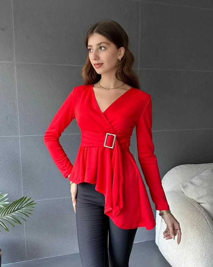 Kruvaze Yaka Kemer Detay Asimetrik Kesim Bluz