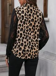 Leopar Desenli Kolları Tül Detaylı Krep Bluz