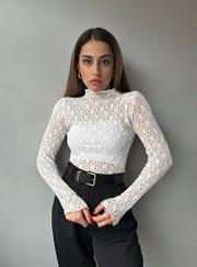 Likralı Dantel Transparan Uzun Kol Crop Bluz