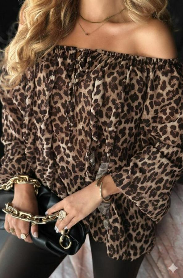 Madonna Yaka Bağcıklı Leopar Desen Detaylı Şifon Bluz