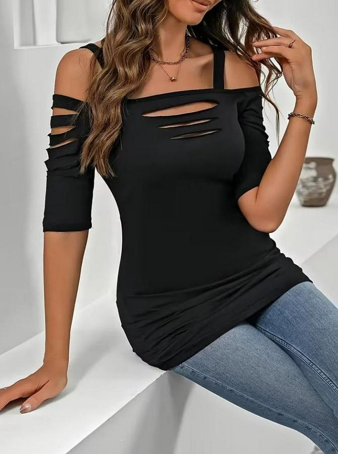 Omuzlardan Açık Askılı Lazer Kesim Detaylı Viskon Bluz