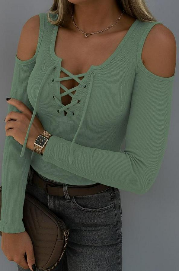 Omuzlardan Açık Uzun Kollu Bağcıklı Kaşkorse Bluz