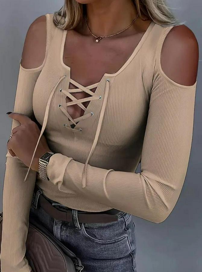 Omuzlardan Açık Uzun Kollu Bağcıklı Kaşkorse Bluz