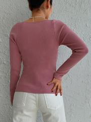 Pembe Dekolteli Kare Yaka Triko Bluz