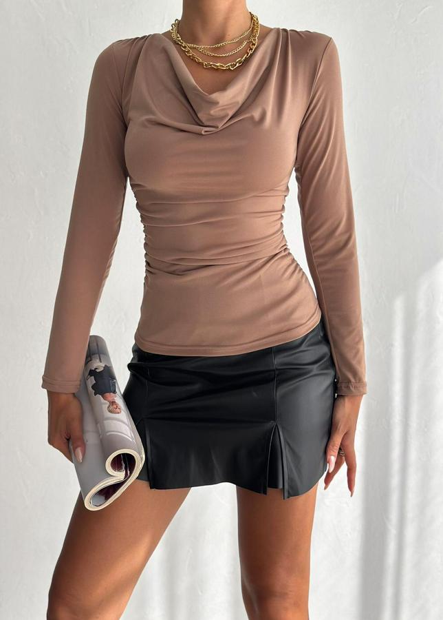 Sandy Kumaş Degaje Yaka Uzun Kollu Bluz