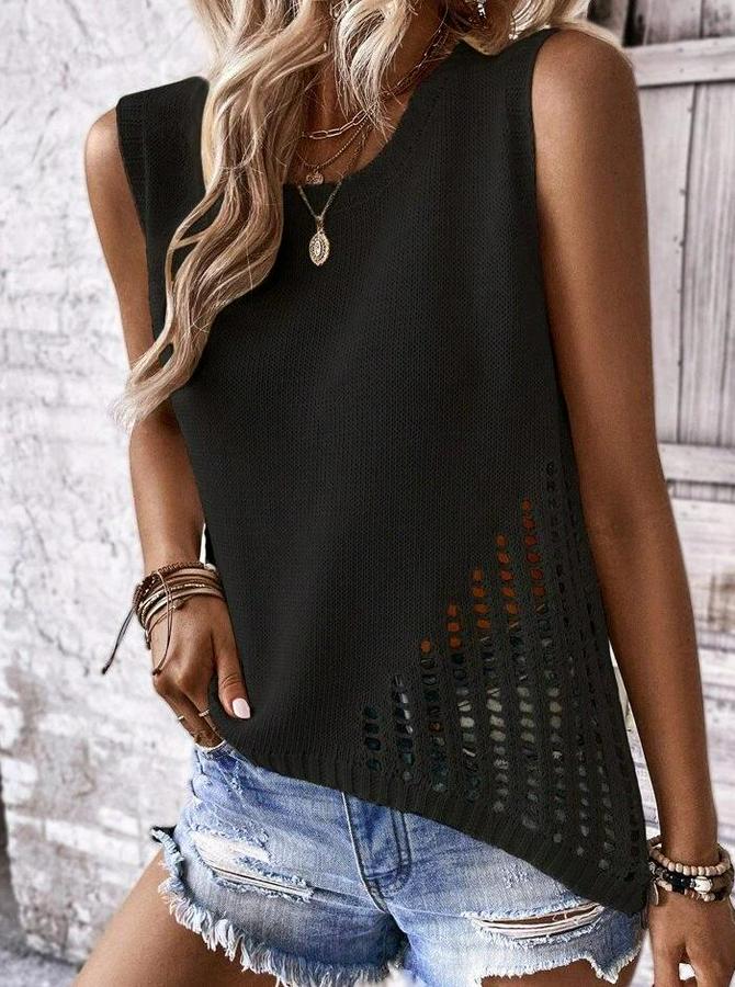 Sıfır Kol Bisiklet Yaka Yanları Ajur Detay Triko Bluz