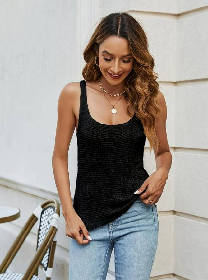 Sıfır Kol U Yaka Askılı Triko Bluz