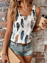 Sıfır Kollu V Yakalı Yaprak Desenli Süprem Bluz