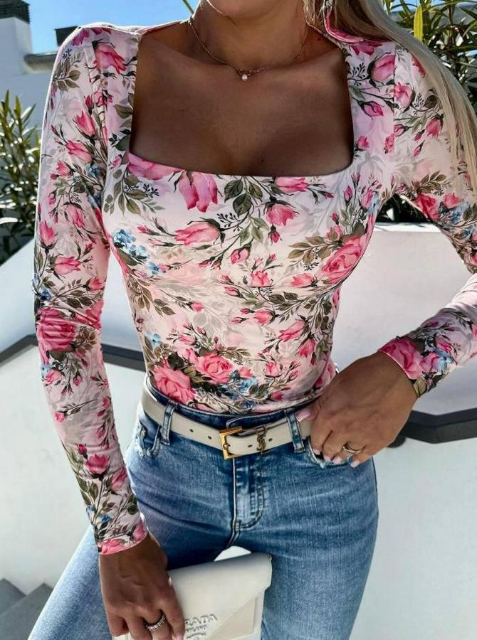 Süprem Kumaş Çiçek Desen Uzun Kollu Kare Yaka Bluz