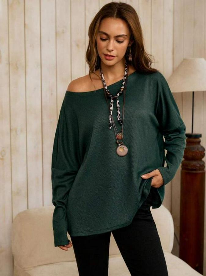 Tek Omuzdan Açık Yarasa Kollu Waffle Bluz