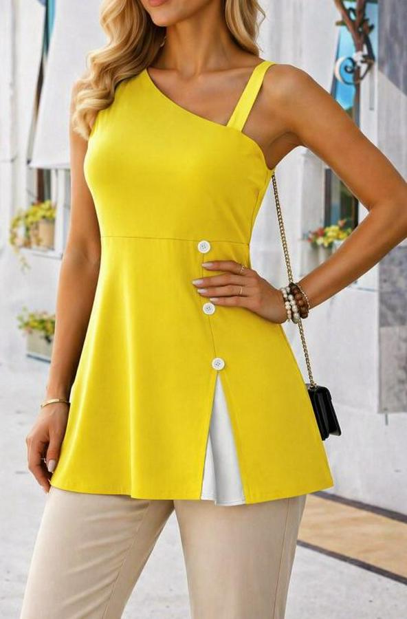 Tek Omuzdan Askılı Şerit Detaylı Düğmeli Viskon Bluz