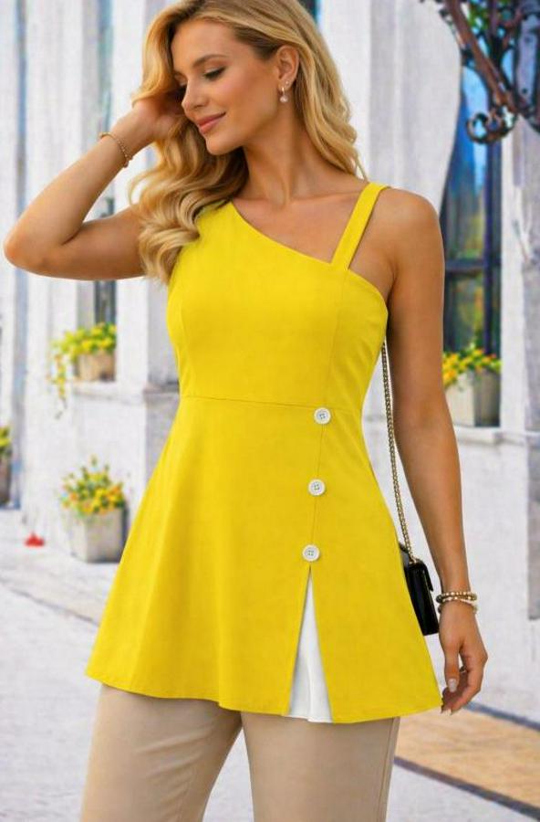 Tek Omuzdan Askılı Şerit Detaylı Düğmeli Viskon Bluz