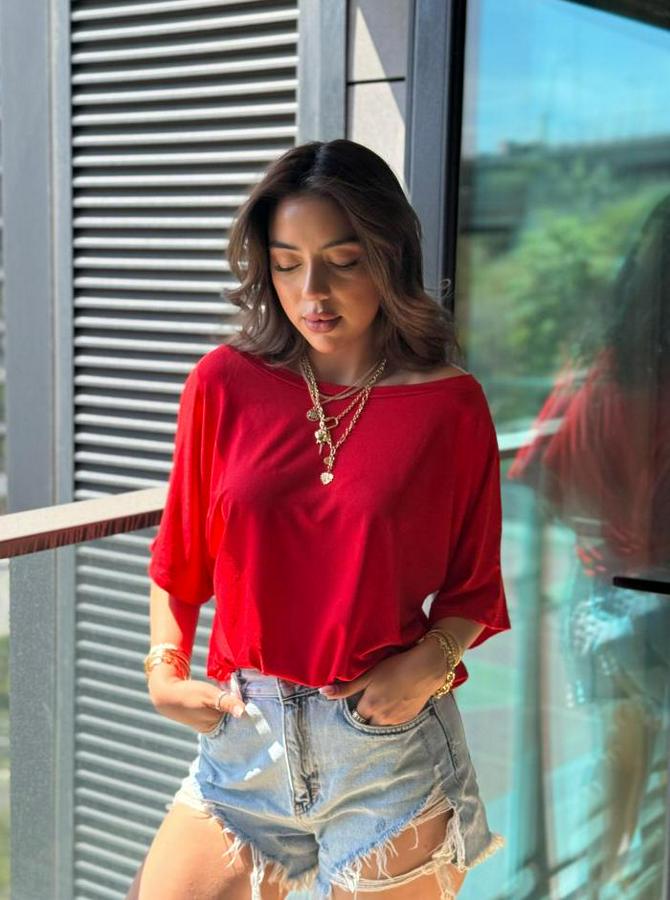 Tek Omuzu Açık Kısa Kollu Salaş Viskon Bluz