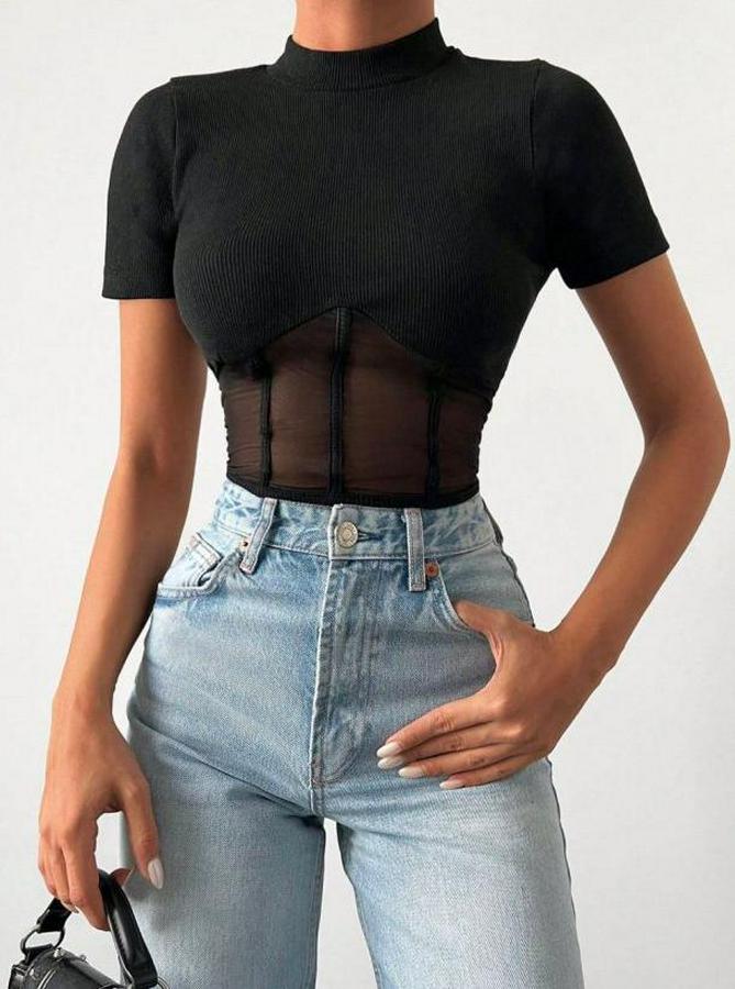 Transparan Detay Kısa Kol Kaşkorse Bluz