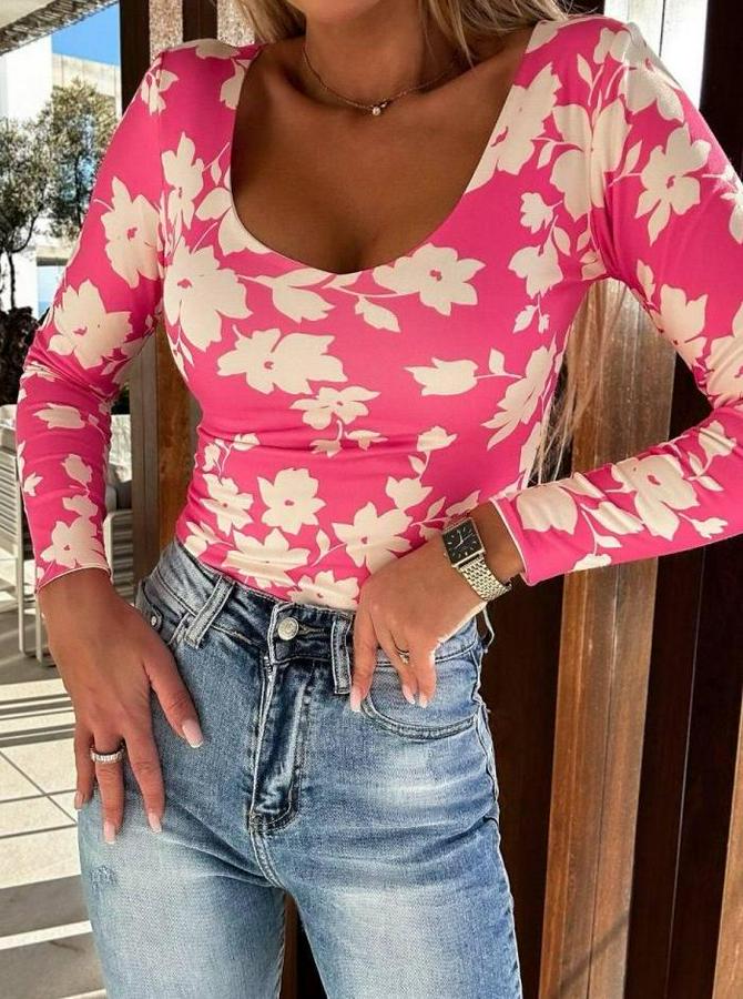 U Yaka Yaprak Baskılı Bluz