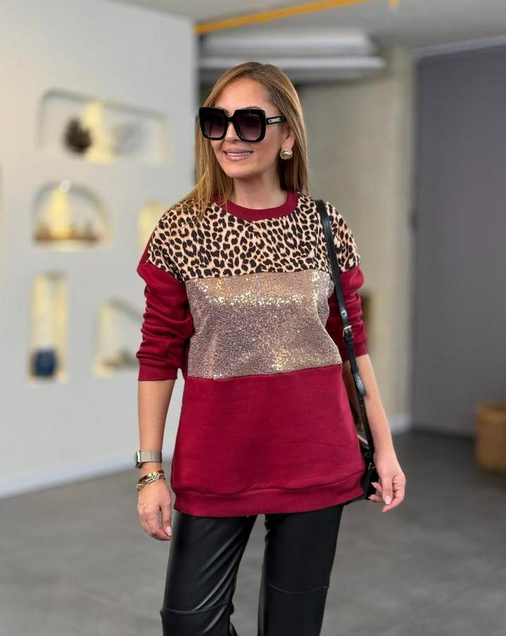 Üç Iplik Şardonlu Kumaş Leopar Desenli Bluz