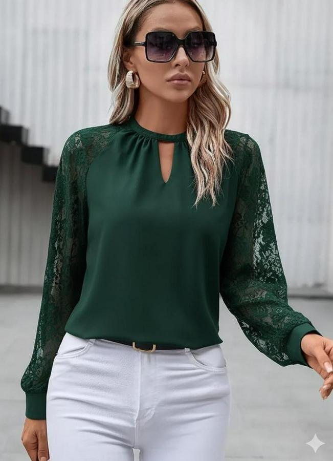 Uzun Dantel Kollu Yuvarlak Yakalı Sandy Bluz