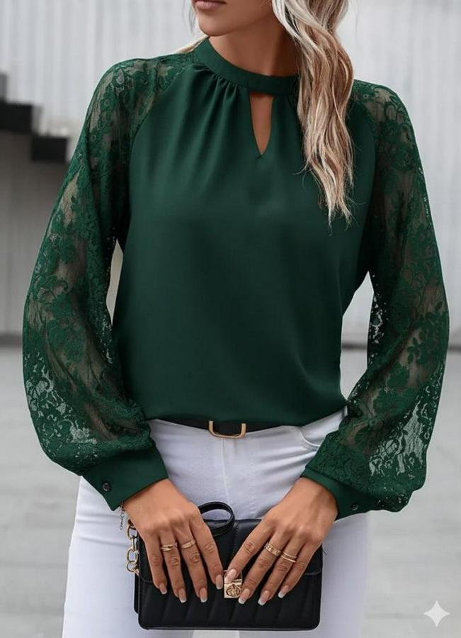 Uzun Dantel Kollu Yuvarlak Yakalı Sandy Bluz