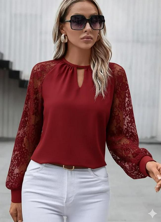 Uzun Dantel Kollu Yuvarlak Yakalı Sandy Bluz
