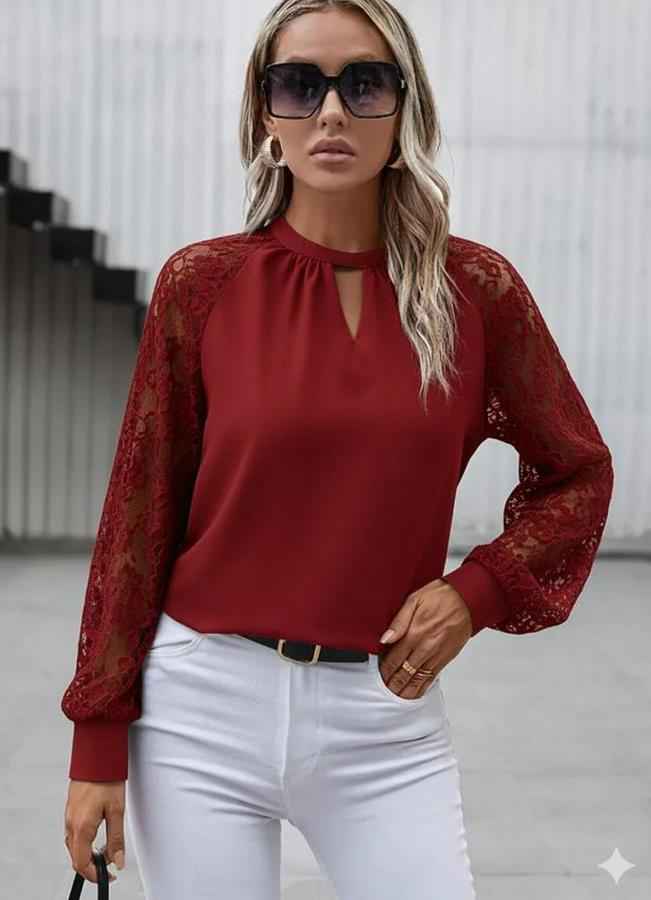 Uzun Dantel Kollu Yuvarlak Yakalı Sandy Bluz