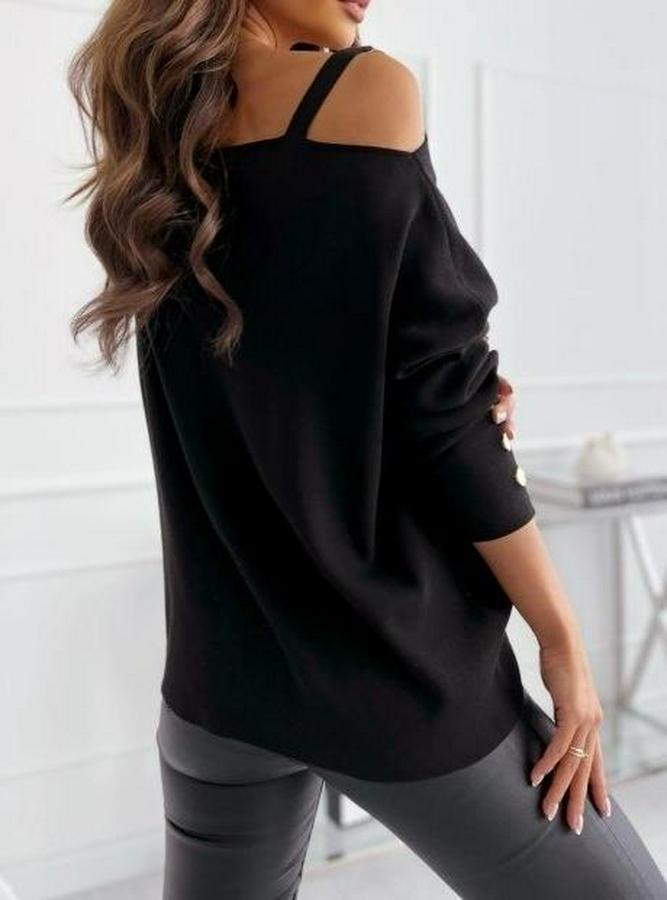 Uzun Kollu Açık Yaka Toka Detay Akrilik Bluz