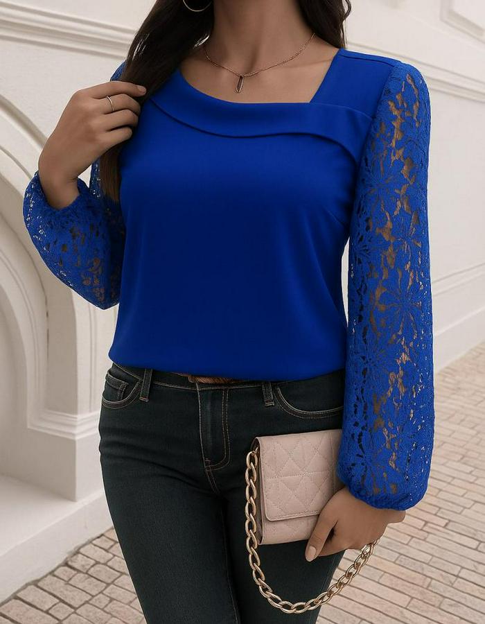 Uzun Kollu Asimetrik Yakalı Dantelli Ithal Krep Bluz