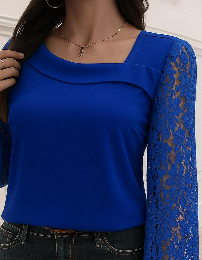 Uzun Kollu Asimetrik Yakalı Dantelli Ithal Krep Bluz