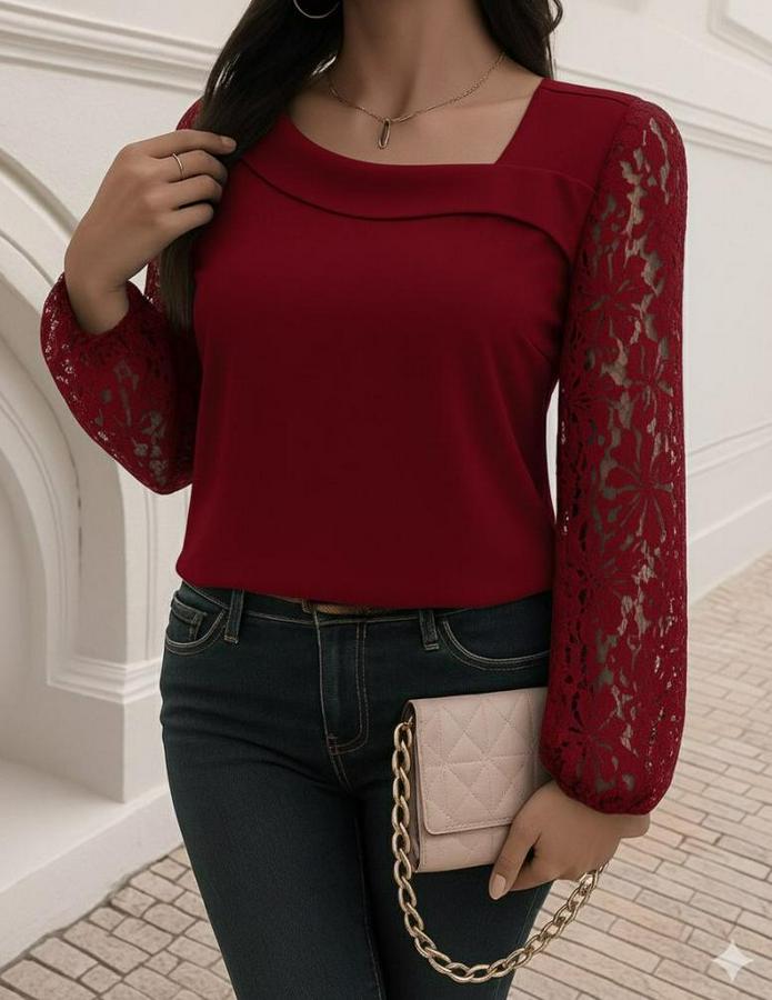 Uzun Kollu Asimetrik Yakalı Dantelli Ithal Krep Bluz