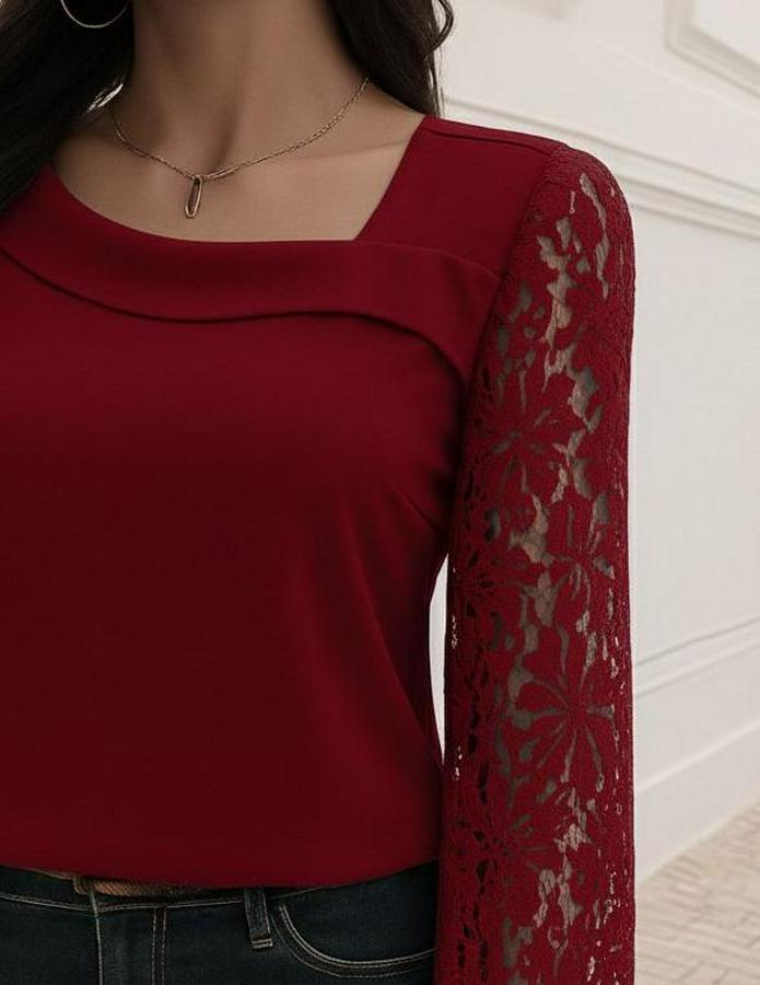 Uzun Kollu Asimetrik Yakalı Dantelli Ithal Krep Bluz