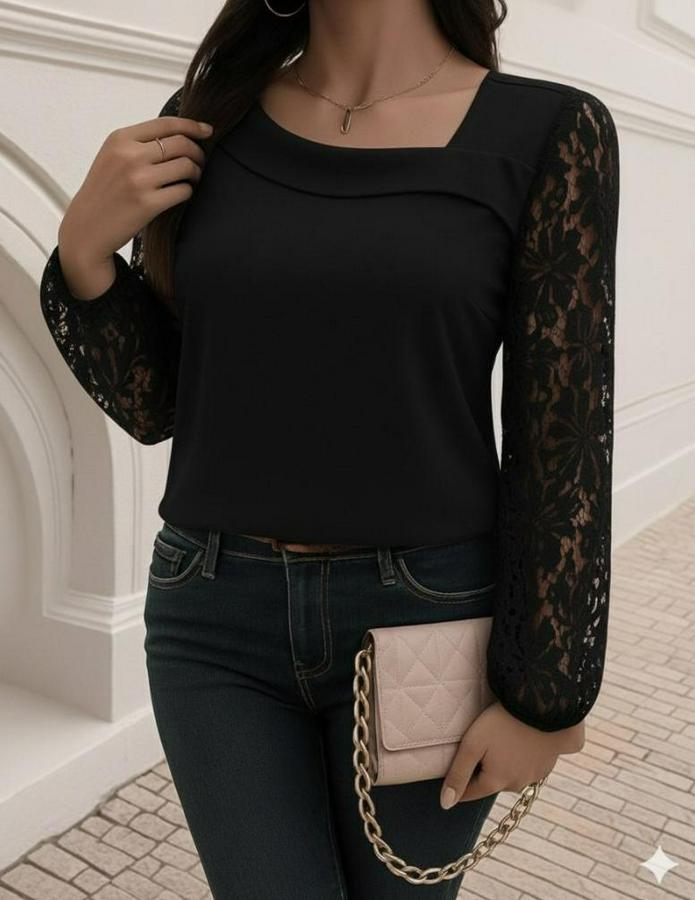 Uzun Kollu Asimetrik Yakalı Dantelli Ithal Krep Bluz