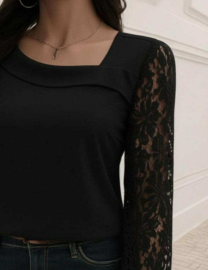 Uzun Kollu Asimetrik Yakalı Dantelli Ithal Krep Bluz