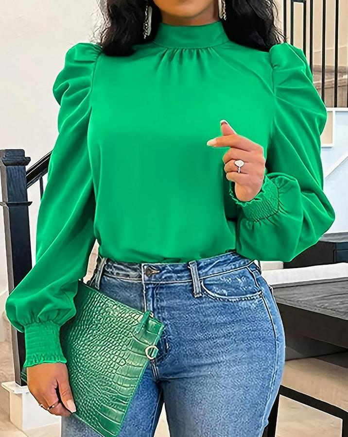 Uzun Kollu Balıkçı Yaka Arkadan Bağlamalı Omuzlardan Balon Ithal Krep Bluz