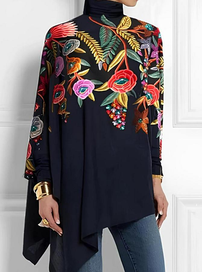 Uzun Kollu Balıkçı Yaka Asimetrik Kesim Mikro Bluz