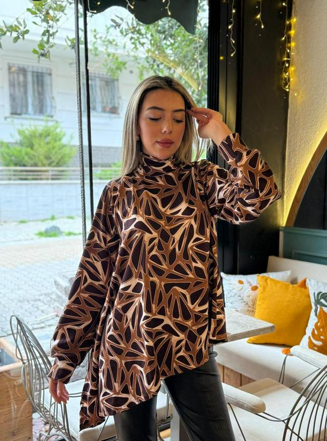 Uzun Kollu Balıkçı Yaka Asimetrik Kesim Salaş Bluz