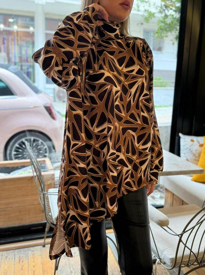 Uzun Kollu Balıkçı Yaka Asimetrik Kesim Salaş Bluz