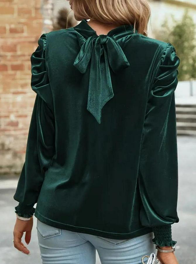 Uzun Kollu Balıkçı Yaka Damla Detaylı Kadife Bluz