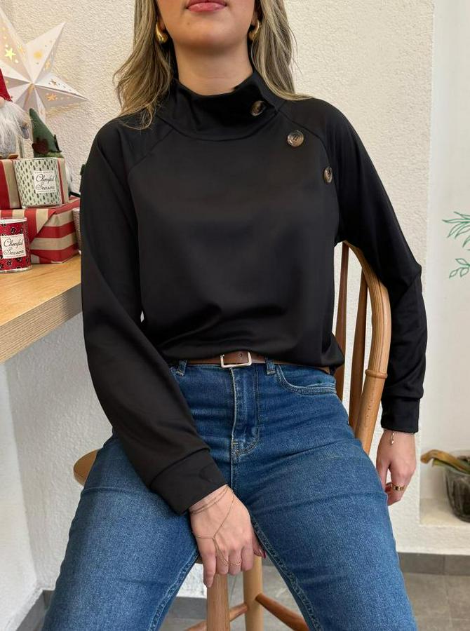 Uzun Kollu Balıkçı Yaka Düğme Detay Şardonlu Dalgıç Bluz