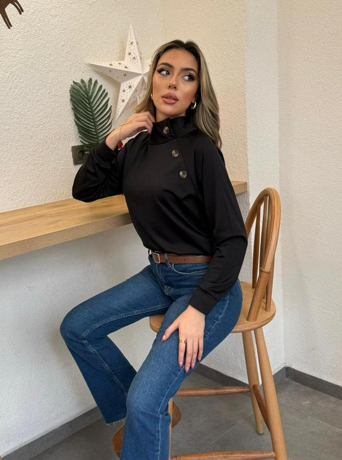 Uzun Kollu Balıkçı Yaka Düğme Detay Şardonlu Dalgıç Bluz