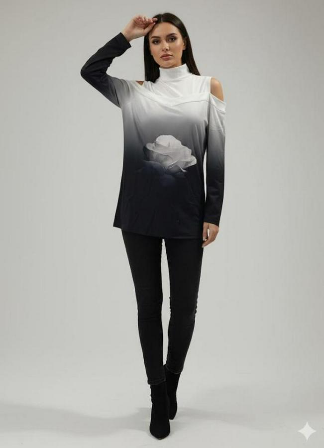 Uzun Kollu Balıkçı Yaka Omuz Dekoltesi Detaylı Bluz
