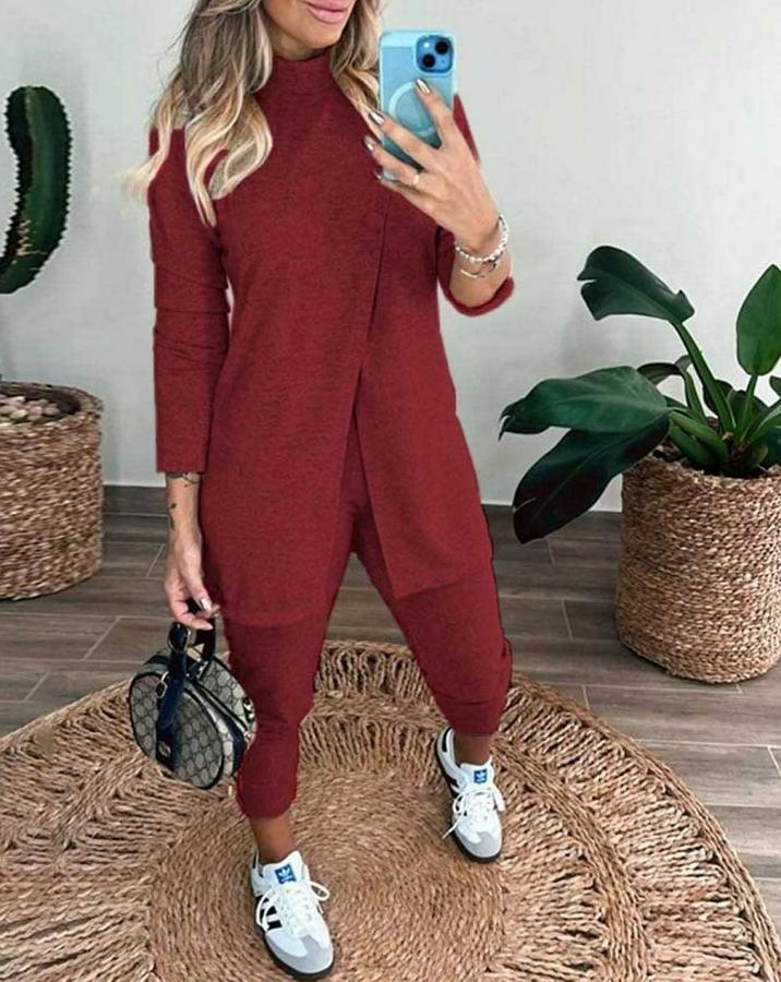 Uzun Kollu Balıkçı Yaka Önden Düğmeli Bluz Ve Pantolon Yumoş Ikili Takım