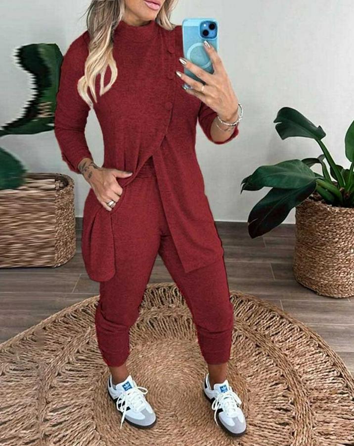 Uzun Kollu Balıkçı Yaka Önden Düğmeli Bluz Ve Pantolon Yumoş Ikili Takım