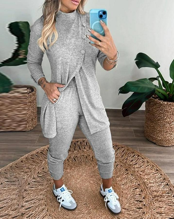 Uzun Kollu Balıkçı Yaka Önden Düğmeli Bluz Ve Pantolon Yumoş Ikili Takım