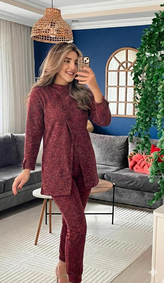 Uzun Kollu Balıkçı Yaka Önden Düğmeli Bluz Ve Pantolon Yumoş Ikili Takım