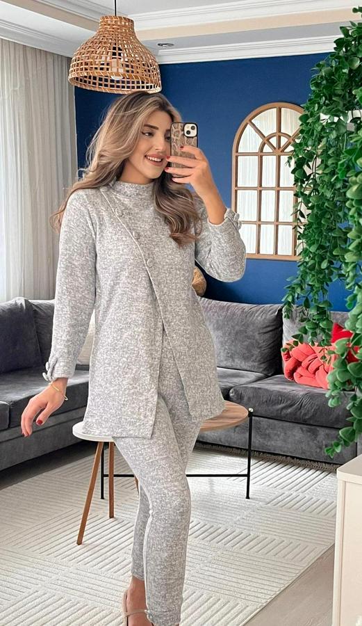 Uzun Kollu Balıkçı Yaka Önden Düğmeli Bluz Ve Pantolon Yumoş Ikili Takım