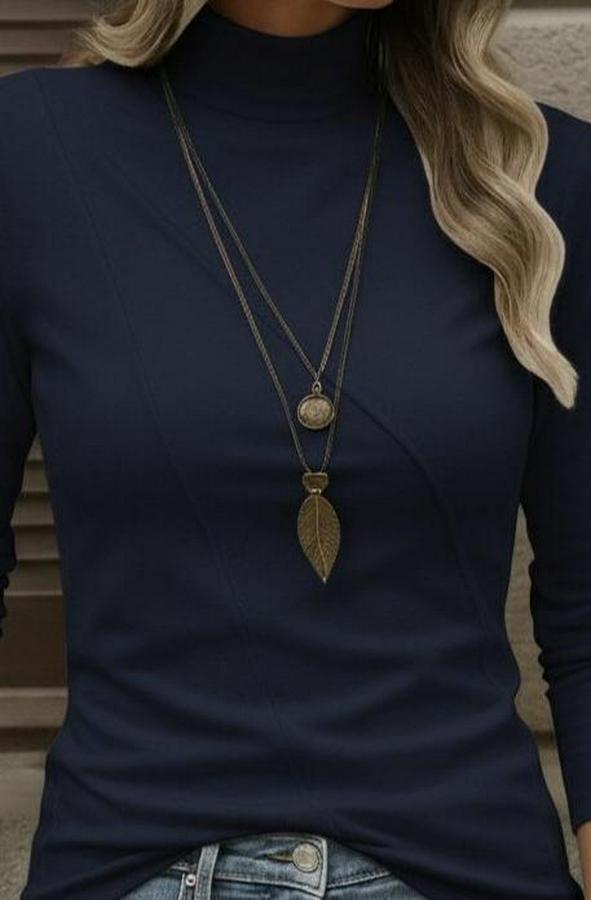 Uzun Kollu Balıkçı Yaka Önden Şerit Detay Dalgıç Bluz