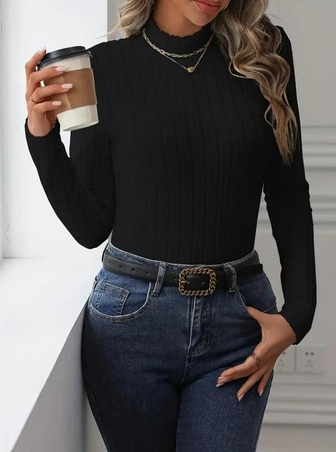 Uzun Kollu Balıkçı Yaka Şardonlu Kaşkorse Bluz