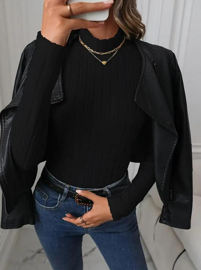 Uzun Kollu Balıkçı Yaka Şardonlu Kaşkorse Bluz